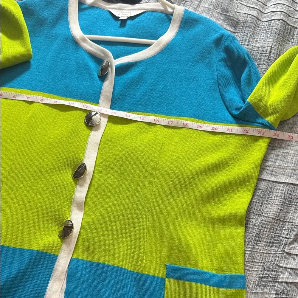 Exclusively Misook Blue and Lime Green Cardigan Sweater XL Vintage